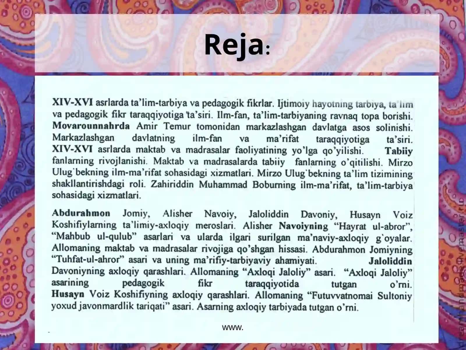 XIV- XVI asrlarda Movorounnahr datarbiya, maktab va pedagogik fikrlar 2