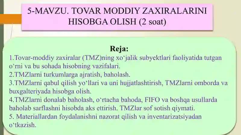 MAVZU.TOVAR MODDIY ZAXIRALARINI HISOBGA OLISH (2soat) 2