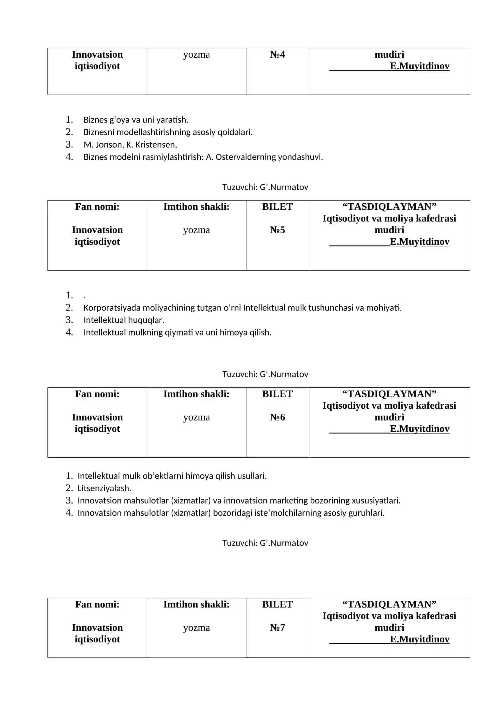 TASDIQLAYMAN - Innovatsion iqtisodiyot BILET 2