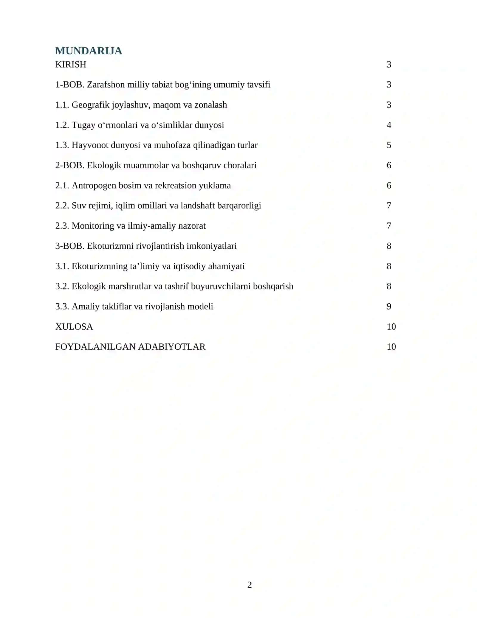 Zarafshon milliy tabiat bog‘i haqida tayyor mustaqil ish — DOCX/PDF 2