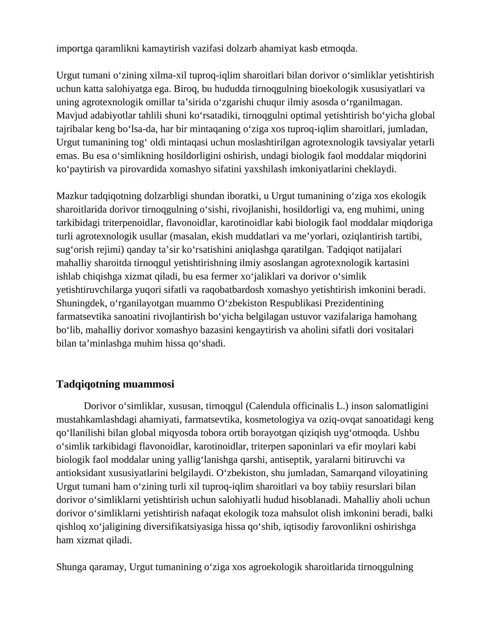 Urgut Tumanida dorivor tirnoqgul (Calendula officinalis L.) Bioekologik xususiyatlariga agrotexnologik ta'sirlarni o'rganish. 2