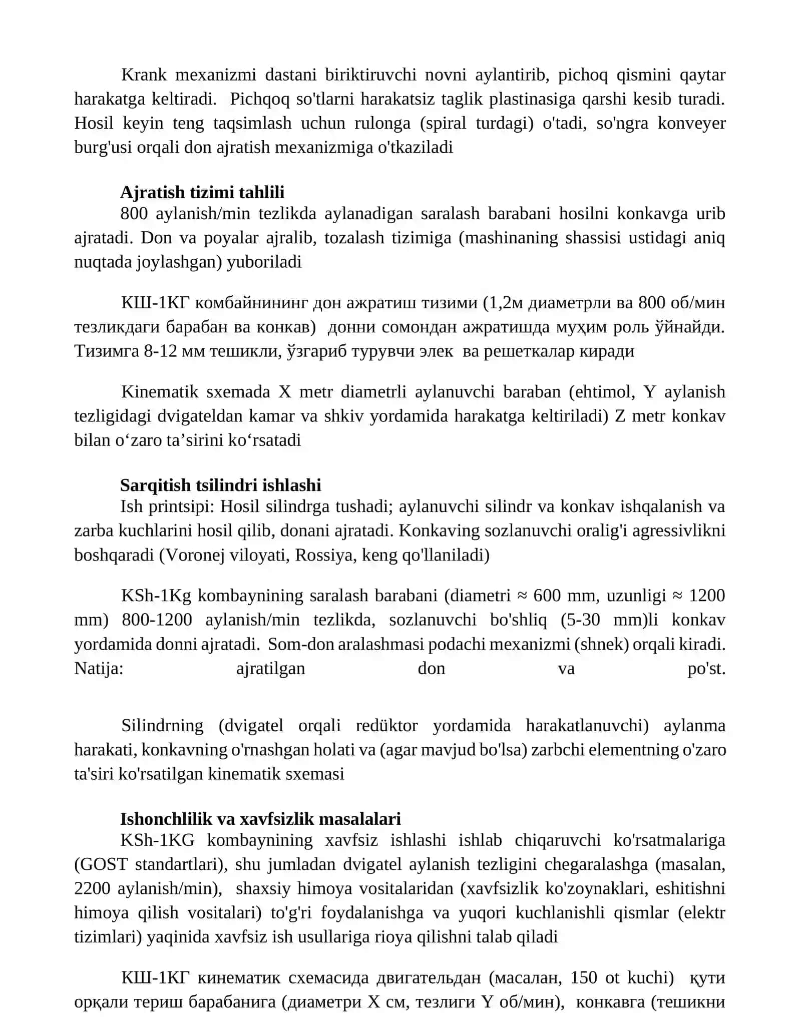 КШ-1КГ kombayini kinematik sxemasini chizish va ishlash pirinsipini o'rganish 2
