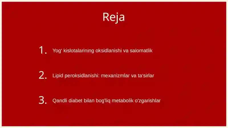 Lipidlarni peroksidlanishi, yog' kislotalarii oksidlanishi va qandli diabet 2