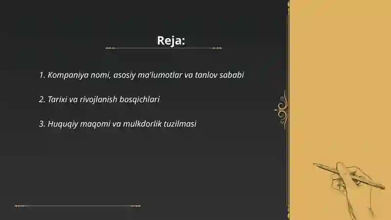 XOHLAGAN DAVLATIZNI MONOPOL KOMPANIYASINI OLASIZ VA U KOMPANIYA TO'G'RISIDA TO'LIQ MA'LUMOT YIG'IB KELASIZ PREZENTATSIYA KO'RINISHIDA 2