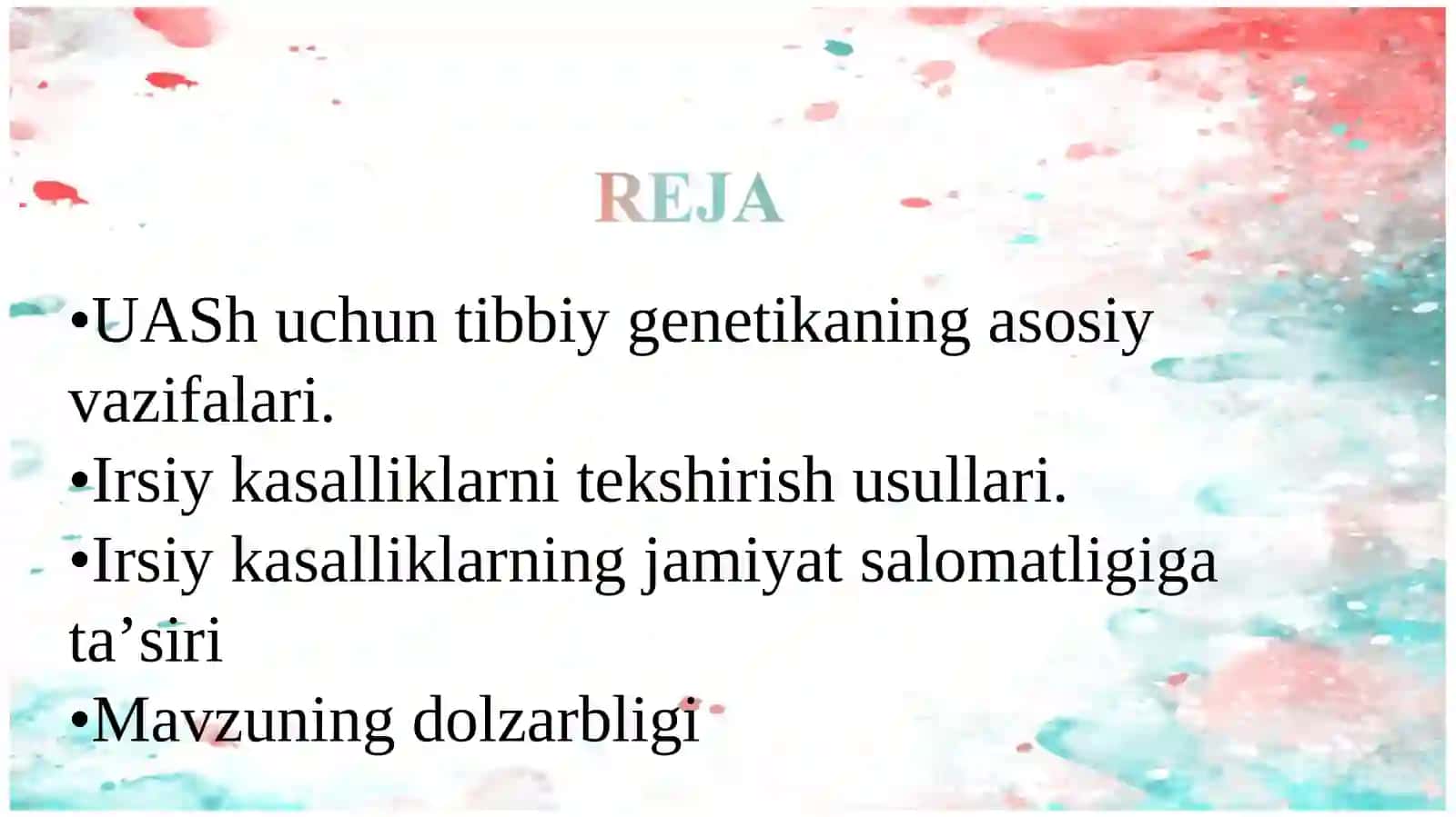 UASh faoliyatida tibbiy genetika modulni o'rni va ahamiyati. Irsiy kasalliklarni tekshirish usullari 2