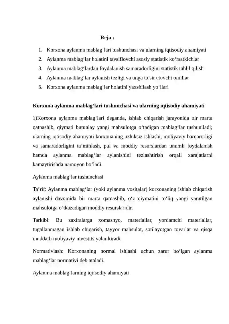 Korxona Aylanma Mablag’lar Holatining Statistikasi 2