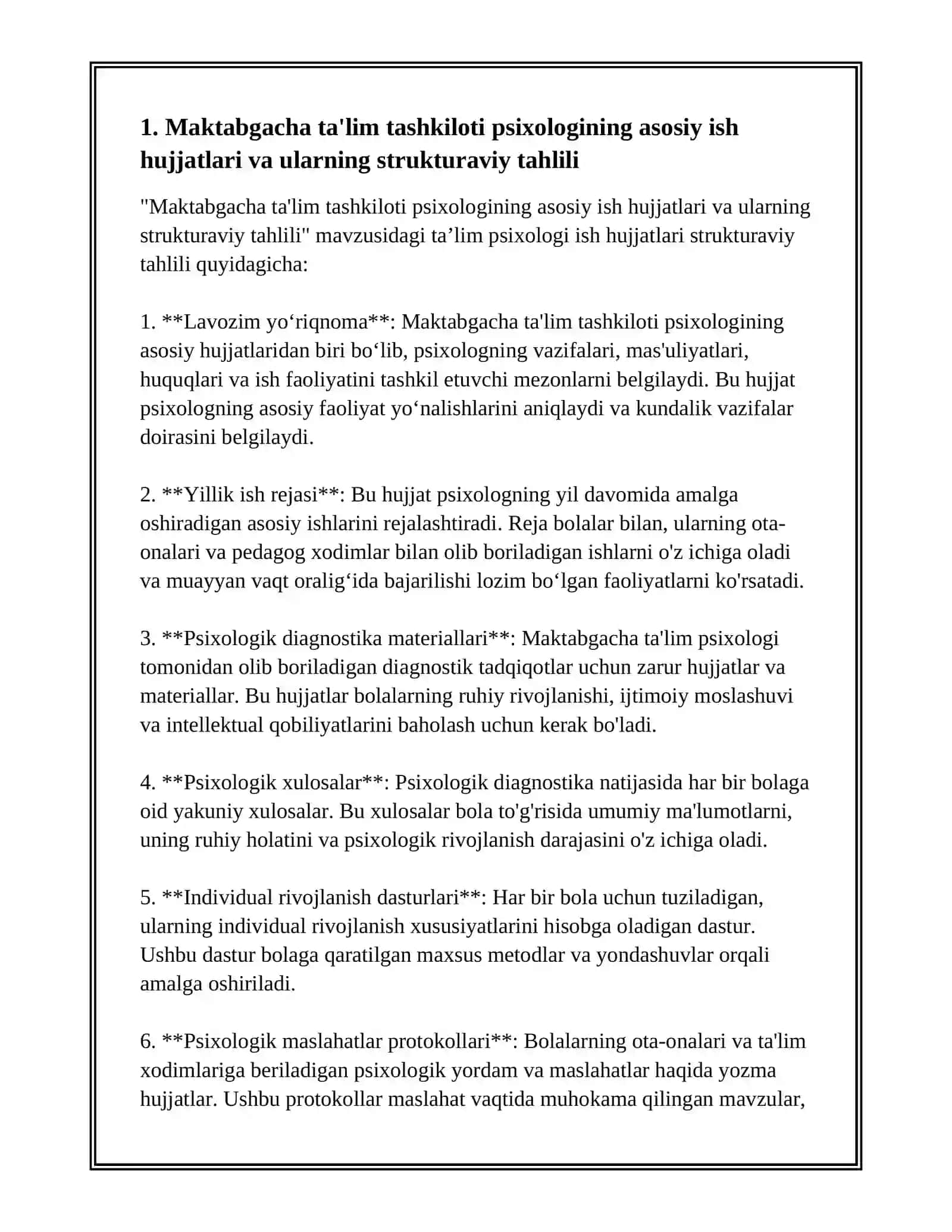 MAKTABGACHA TAʼLIM TASHKILOTI PSIXOLOGI, MUSIQA RAHBARI VA JISMONIY TARBIYA YOʻRIQCHISI ISH XUJJATLARI TAHLILI 2