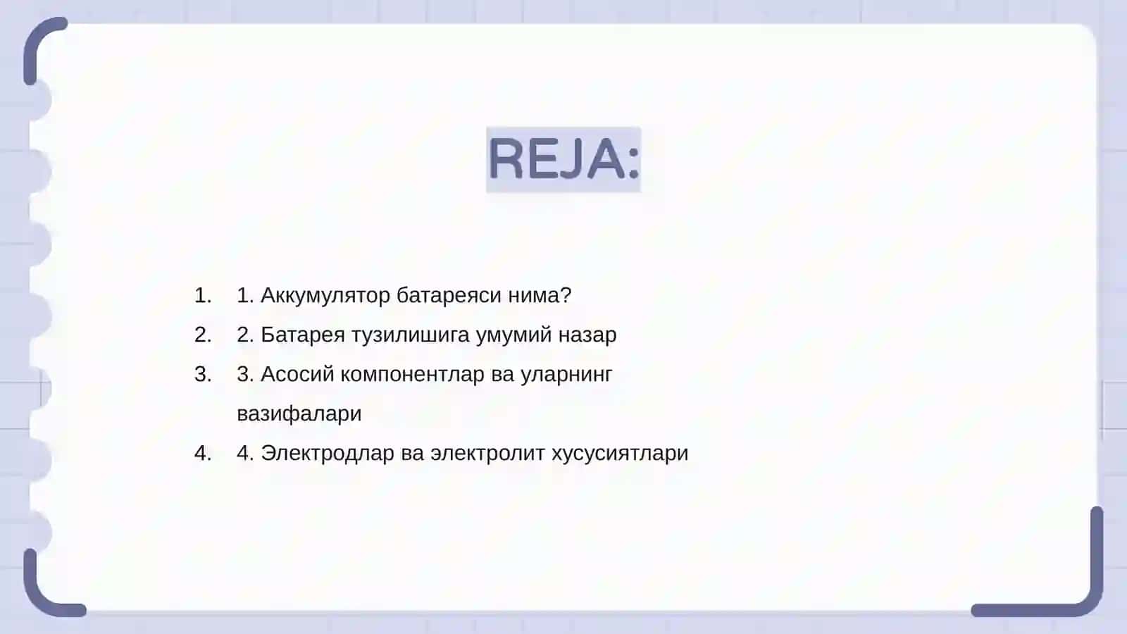 Аккумулятор батареясини тузилиши ва ишлаши 2