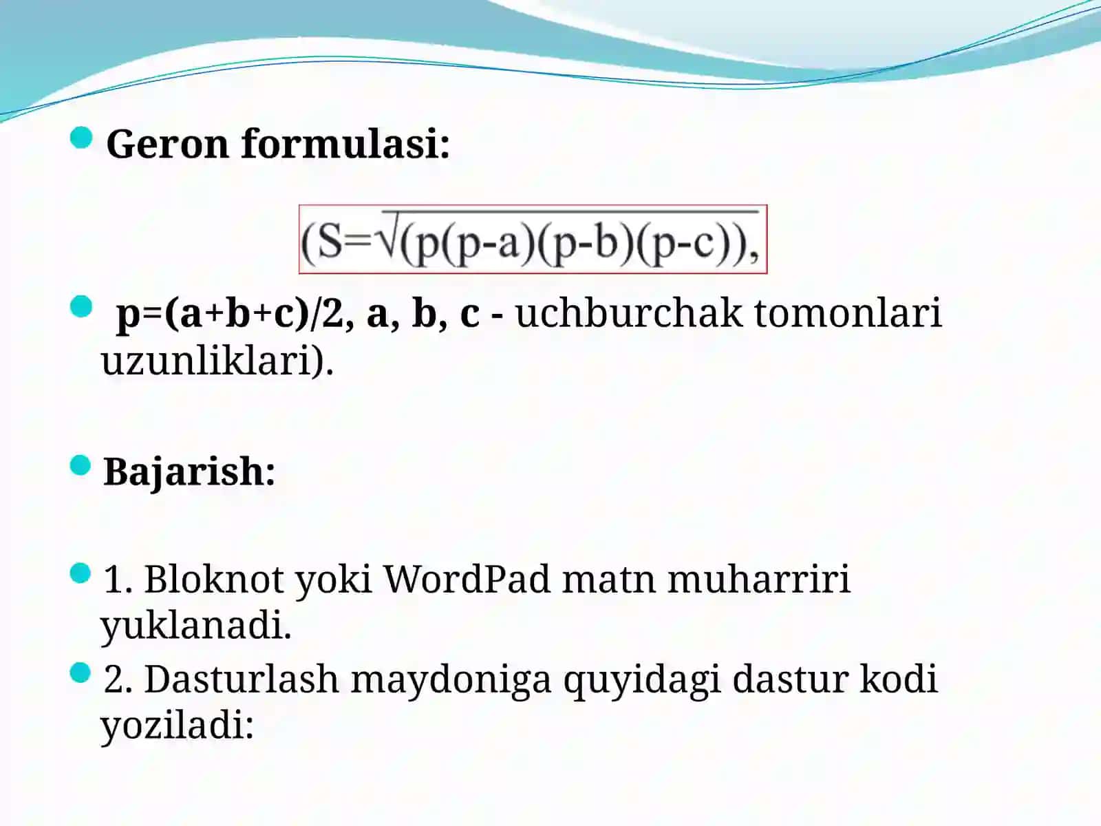 JavaScriptda uchburchakning yuzasini Geron formulasidan foydalanib hisoblovchi forma oynasini hosil qilish 2