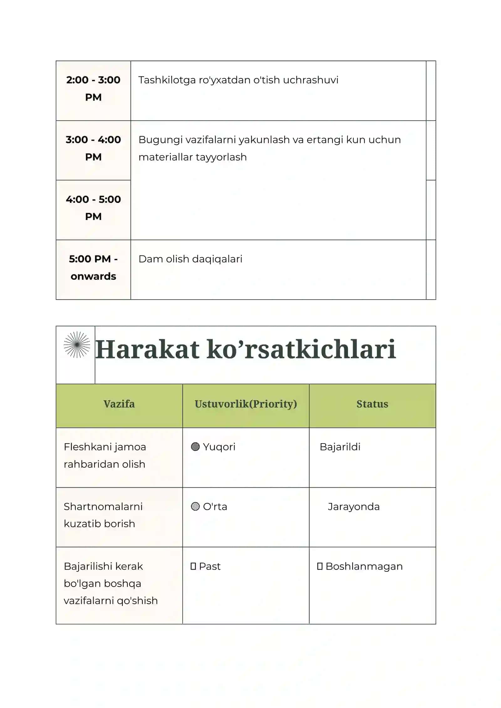 Kunlik jadval Agenda 2