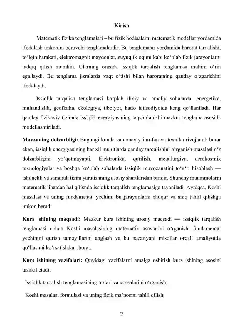 Issiqlik tarqalish tenglamasi uchun Koshi masalasi va fundamental yechim 2