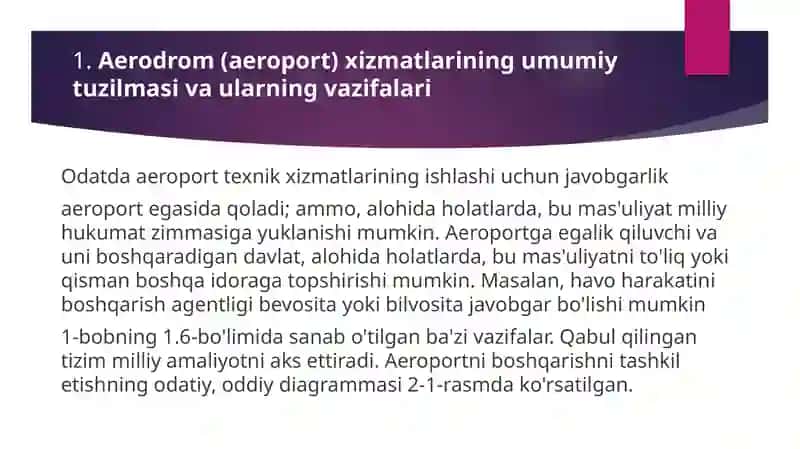 Aerodrom xizmati strukturasi va ularda ishlarni tashkil etish tamoyillari 2