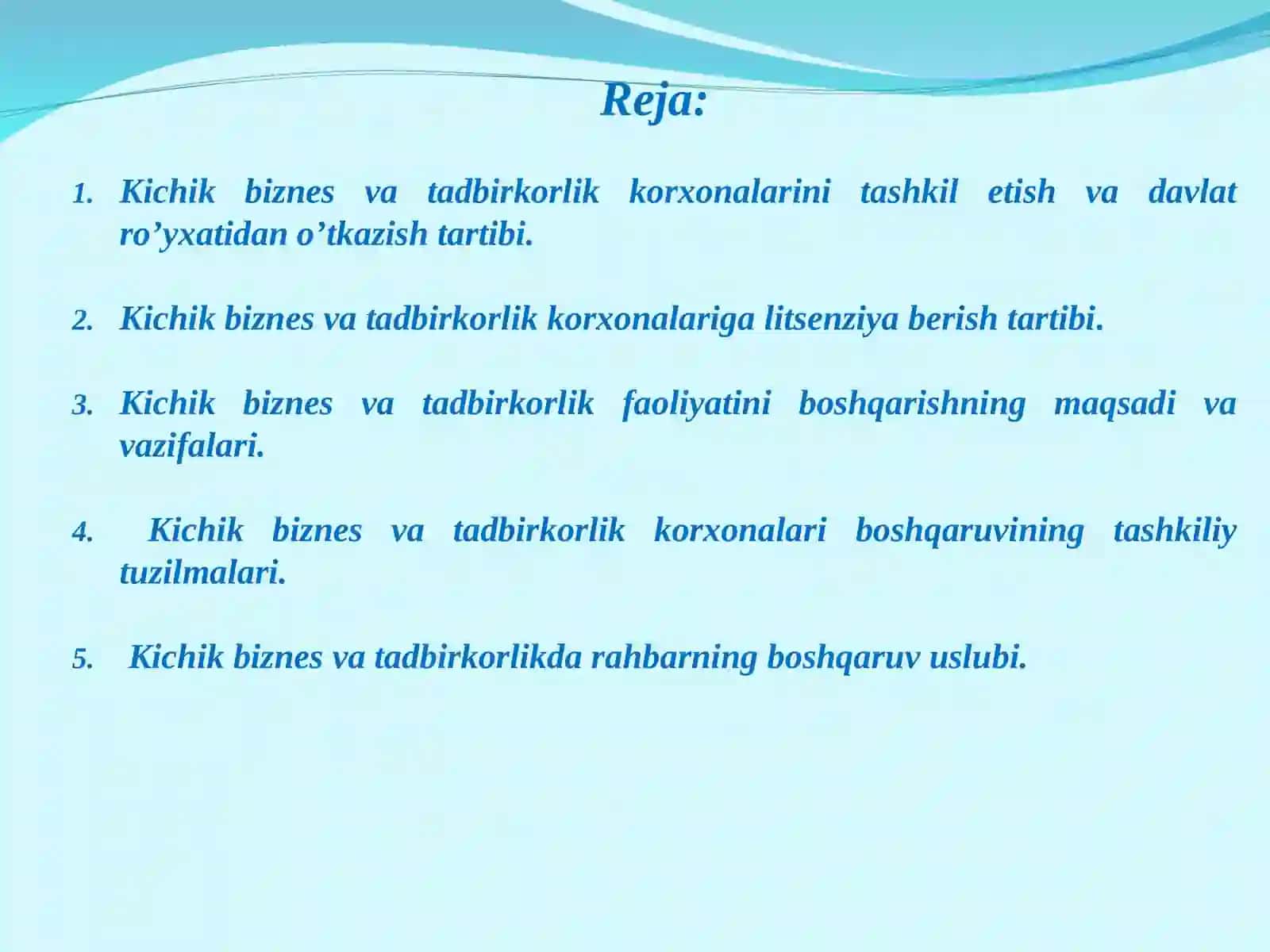 Kichik biznes va tadbirkorlik faoliyatini tashkil etish va boshqarish 2