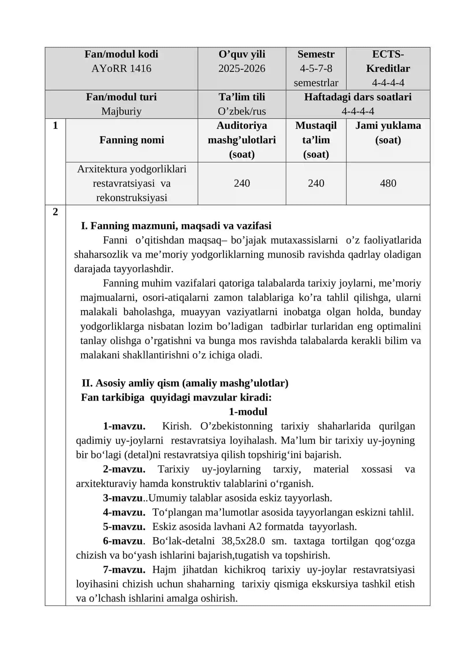 ARXITEKTURA YODGORLIKLARI RESTAVRATSIYASI VA REKONSTRUKTSIYASI FANI O’QUV DASTURI 2