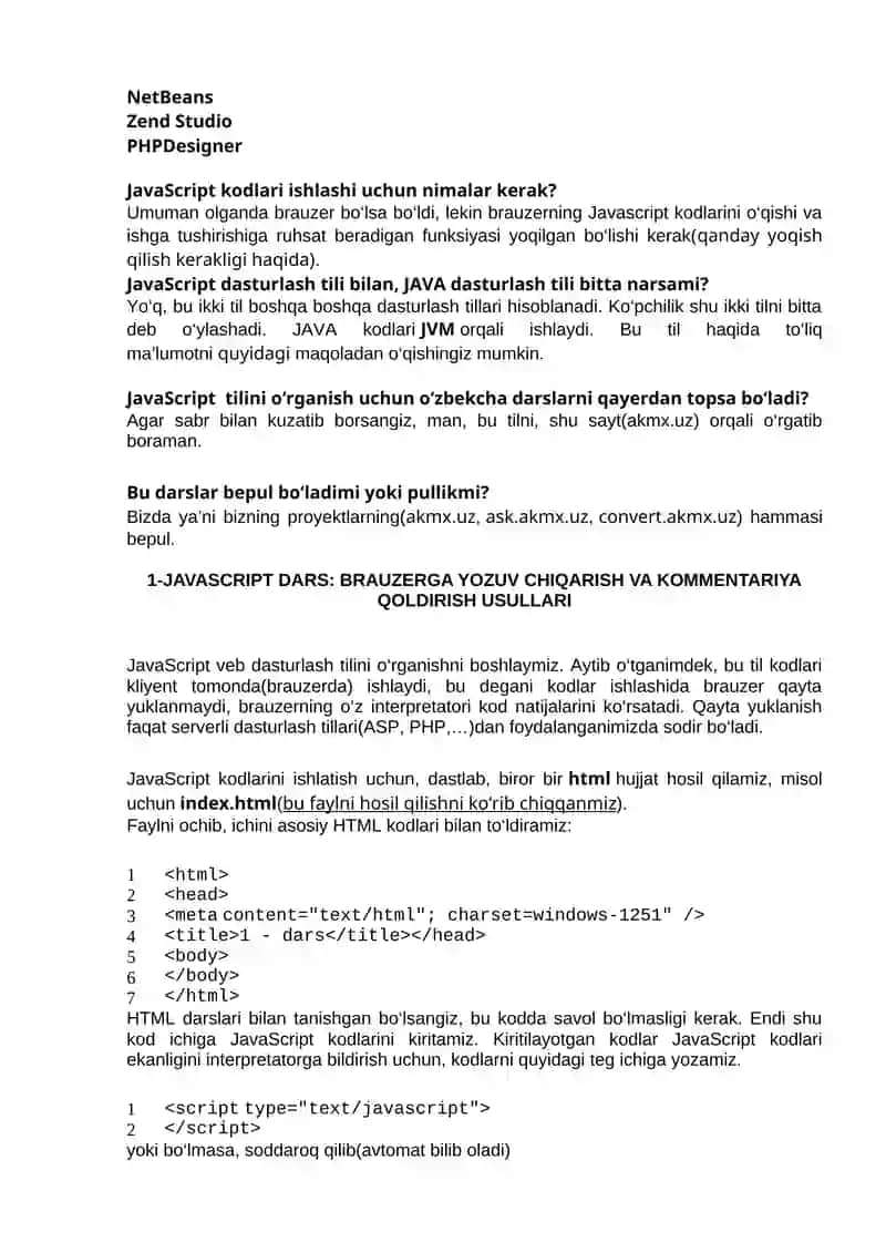 JAVASCRIPT VEB DASTURLASH TILIGA OID MUHIM SAVOLLARGA JAVOBLAR (BOSHLOVCHILAR UCHUN) 2