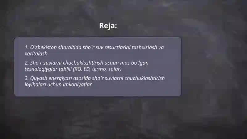 O`zbekiston sharoitida sho`r suvlarni chuchuklashirish g`oyasini yaratish 2