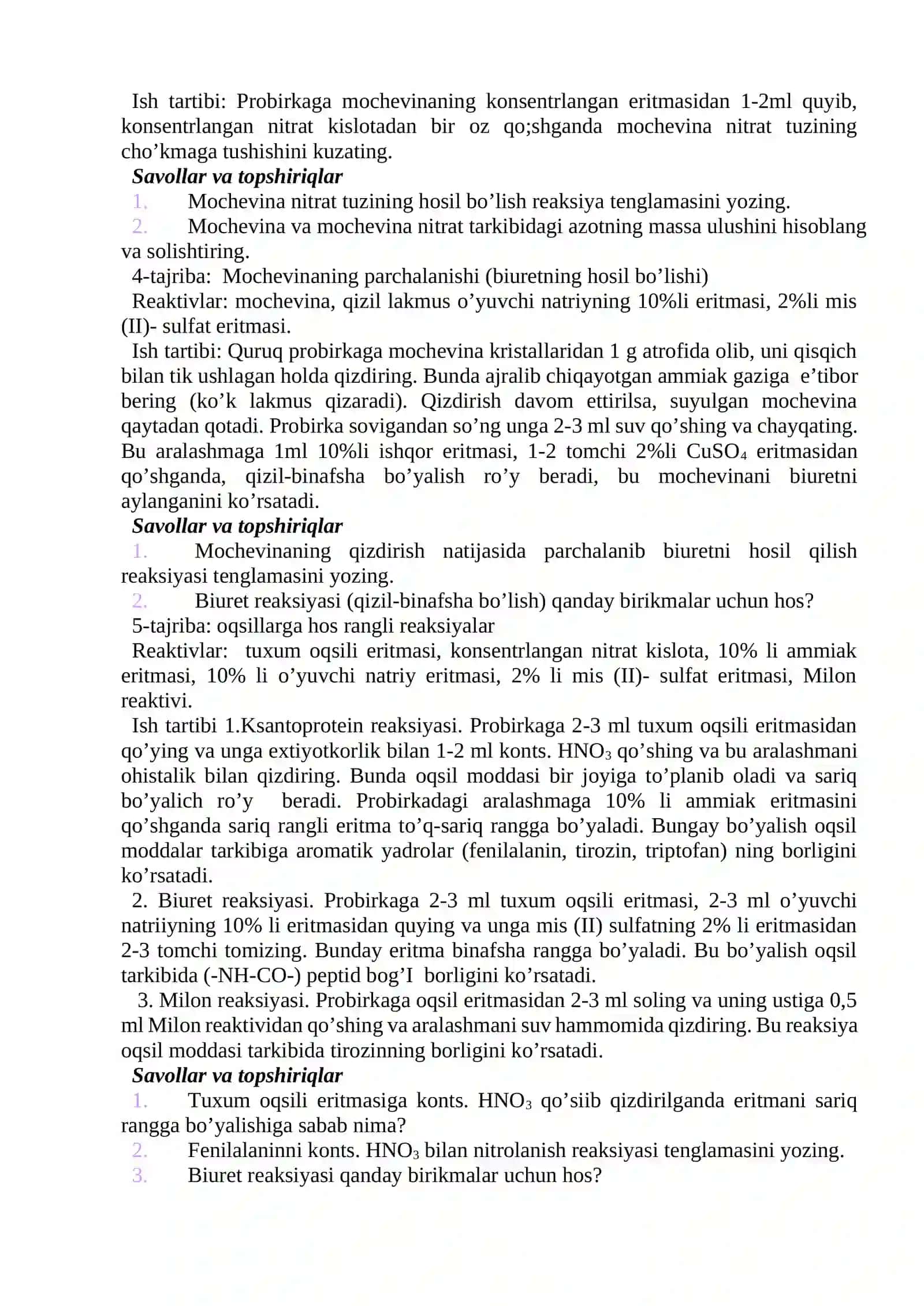 AMINOKISLOTALAR VA OQSILLARGA XOS TAJRIBALAR 2