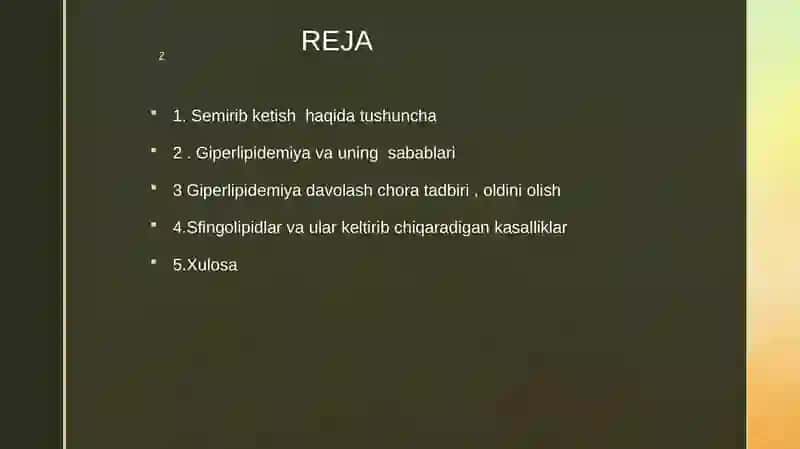 Yog’ bosish, semirish, giperlipidemiya, sfingolipidozlar 2