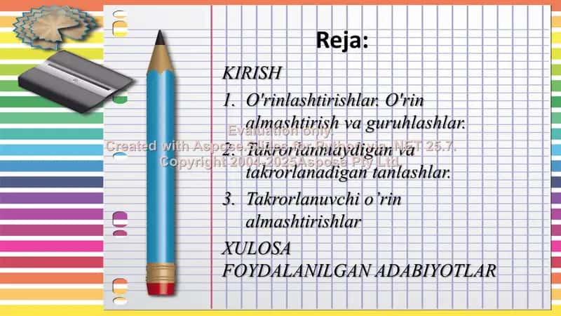 O'rinlashtirishlar va guruhlashlar: takrorlanmaydigan va takrorlanadigan tanlashlar 2
