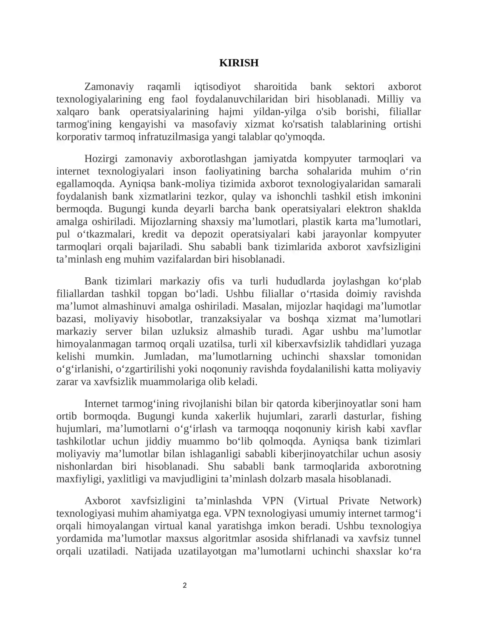 Korporativ bank tarmog‘ida Cisco texnologiyalari asosida Site-to-Site VPN yordamida filiallararo xavfsiz ma’lumot almashinuvini tashkil etish 2