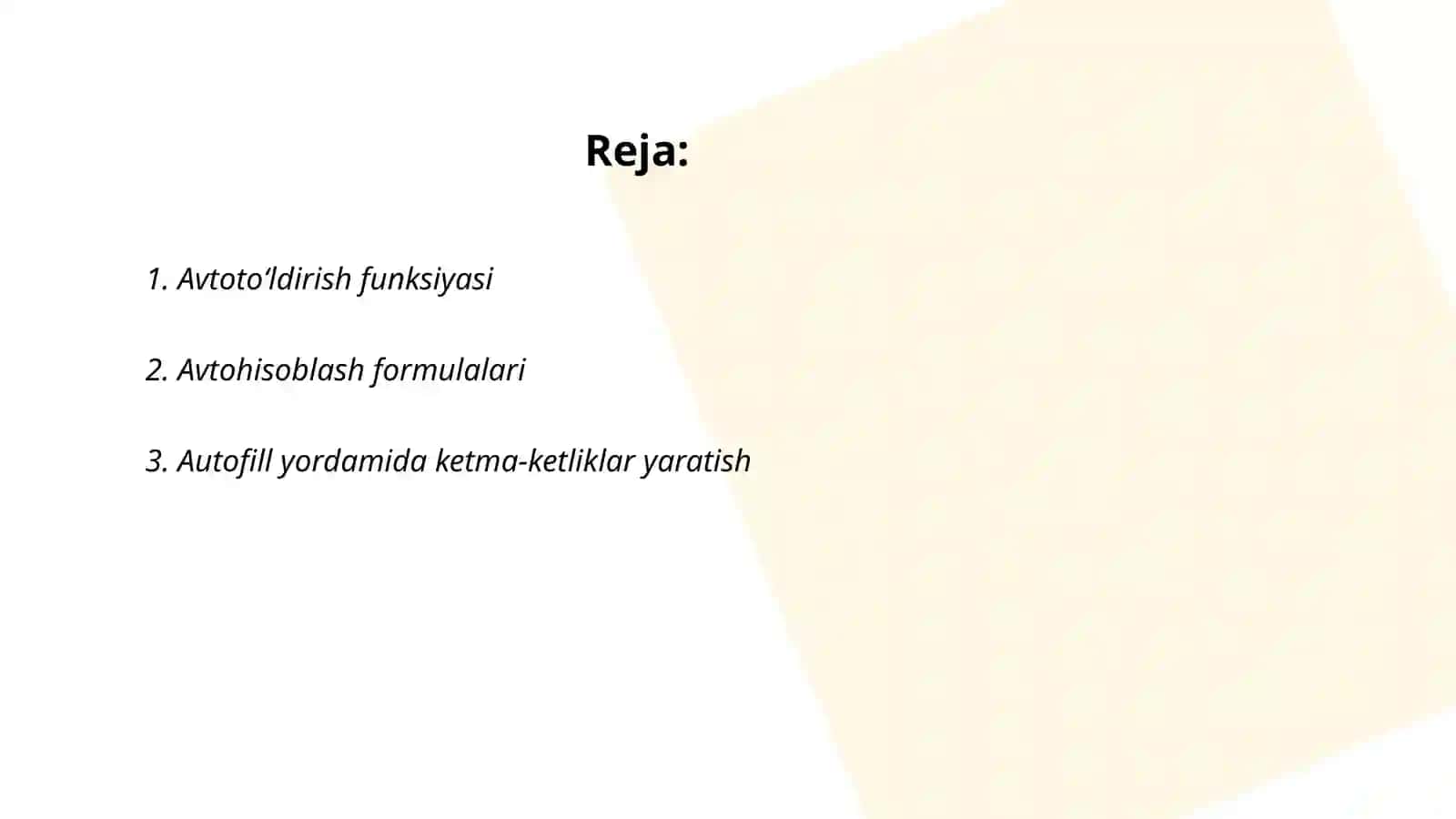 Excel dasturida avtotoʻldirishlar va avtohisoblashlar.Diagrammalar yaratish 2