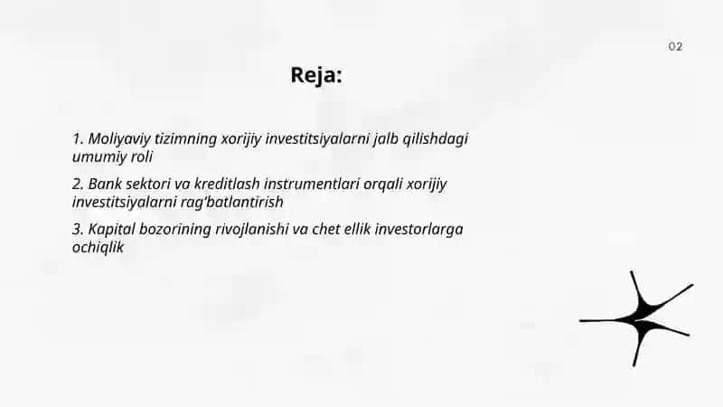 Moliyaviy tizimning xorijiy investitsiyalarni jalb qilishdagi umumiy roli 2
