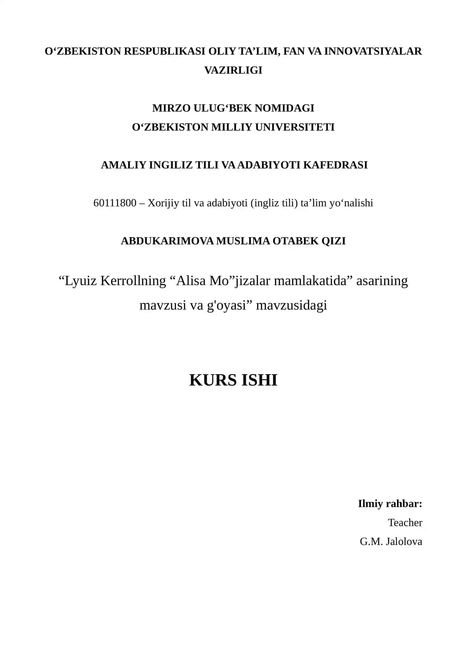"Lyuiz Kerrollning “Alisa Mo”jizalar mamlakatida” asarining mavzusi va g'oyasi” 2