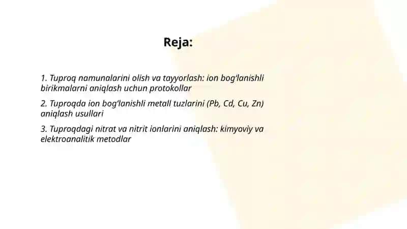 Tuproq ifloslanishida ion boglanishli birikmalarni aniqlab ulardan tozalash usullarini aniqlash 2