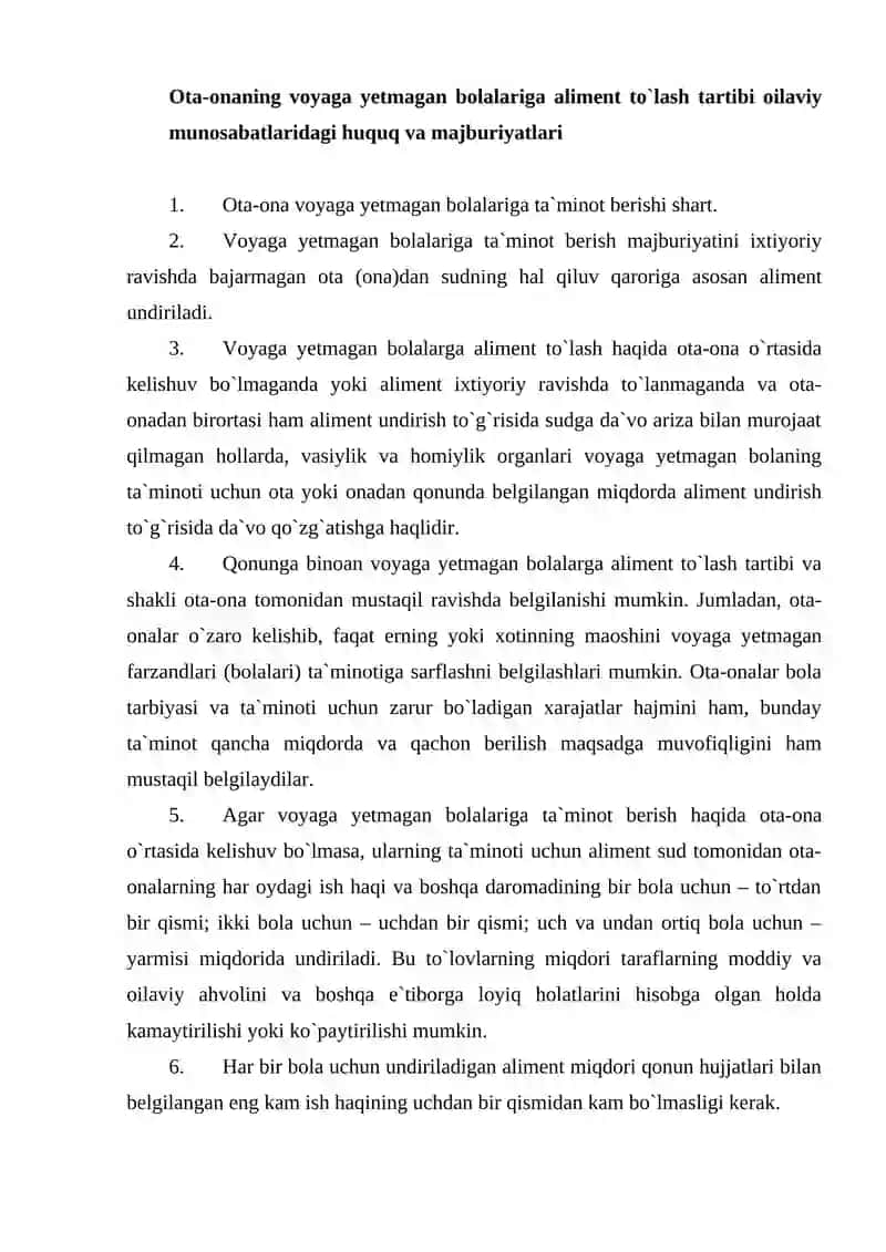 Ota-onalar va farzandlarning aliment majburiyatlari 2