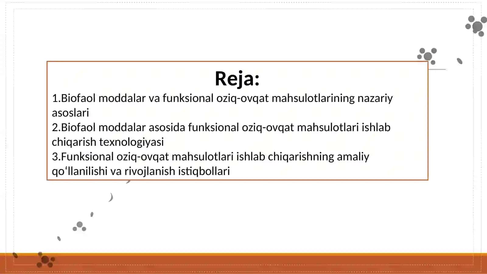 Oziq-ovqat sanoatida biofaol moddalar va funksional oziq-ovqat mahsulotlari ishlab chiqarish texnologiyasi. 2