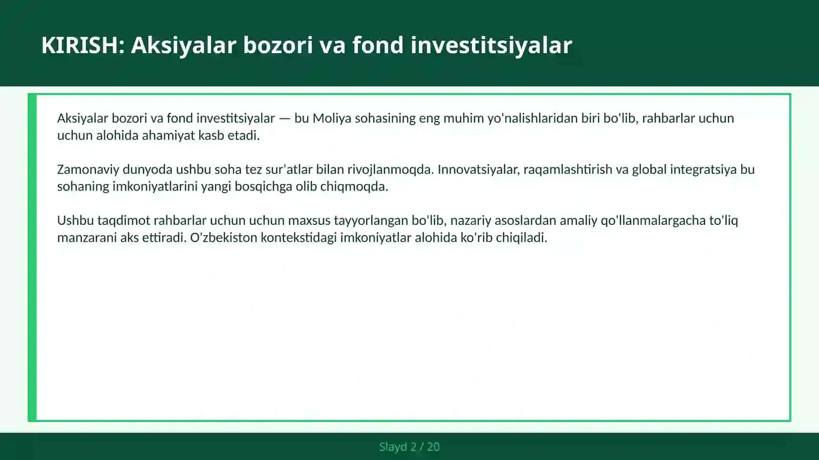Aksiyalar bozori va fond investitsiyalar 2
