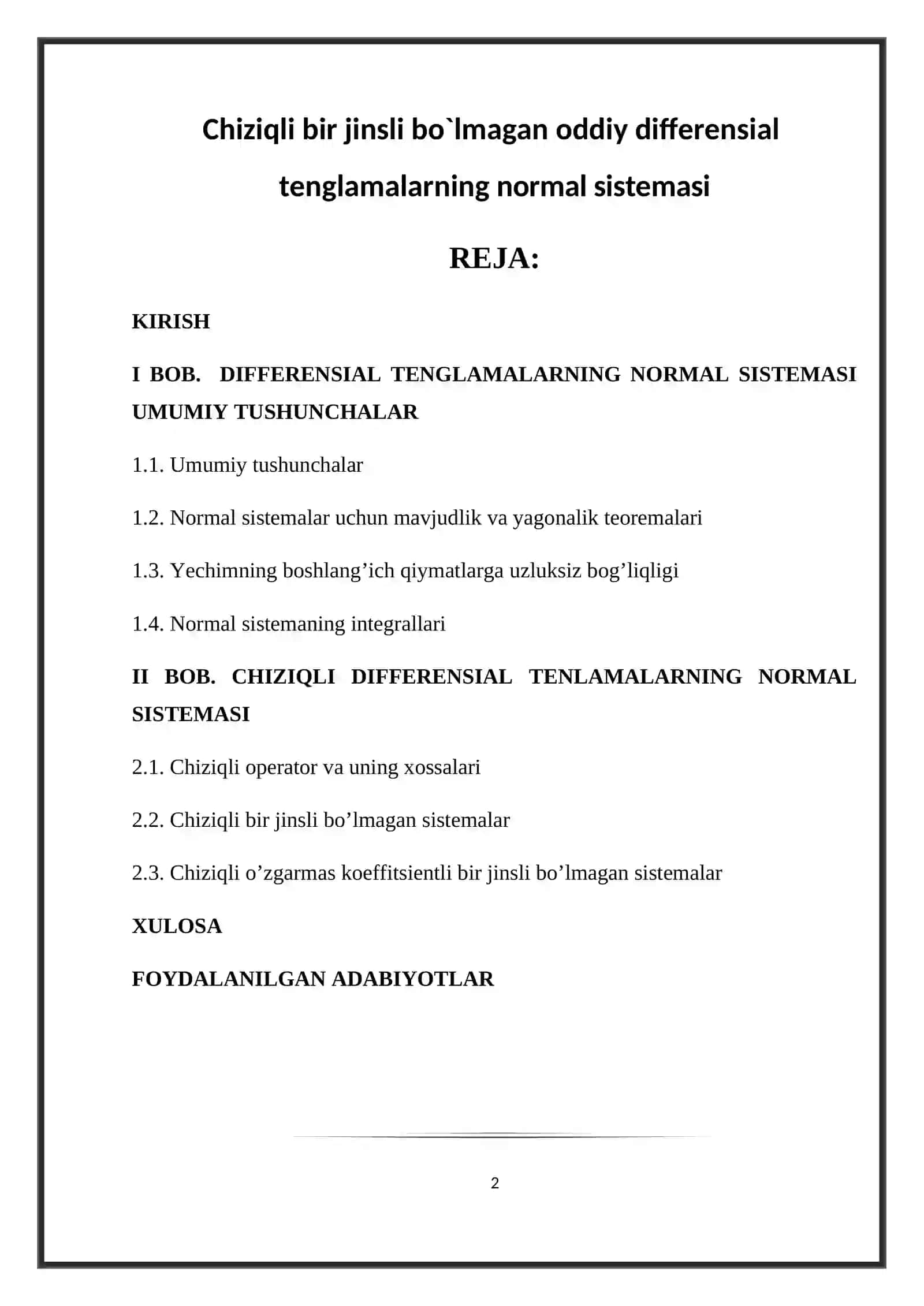 Chiziqli bir jinsli bo`lmagan oddiy differensial tenglamalarning normal sistemasi 2