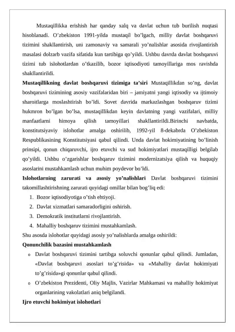 Mustaqillik yillarida davlat boshqaruvi tizimida amalga oshirilgan islohotlar 2