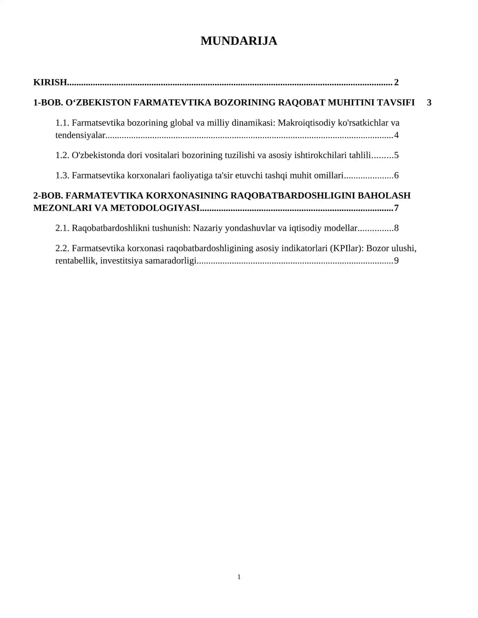 Farmatsevtika bozorida raqobat muhiti va farmatsevtika korxonaning raqobatbardoshligini. 2