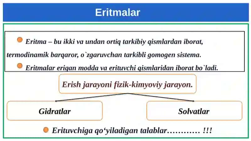 Eruvchanlik. Moddalarning eritmadagi ionlanishi va dissosilanishi 2