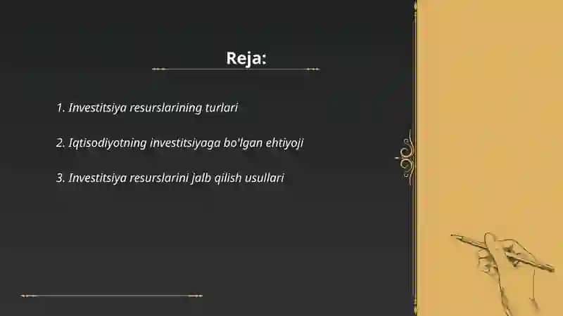 Iqtisodiyotning investitsiya resurslariga bo'lgan ehtiyoj va uni qoplashning asosiy manbalari 2