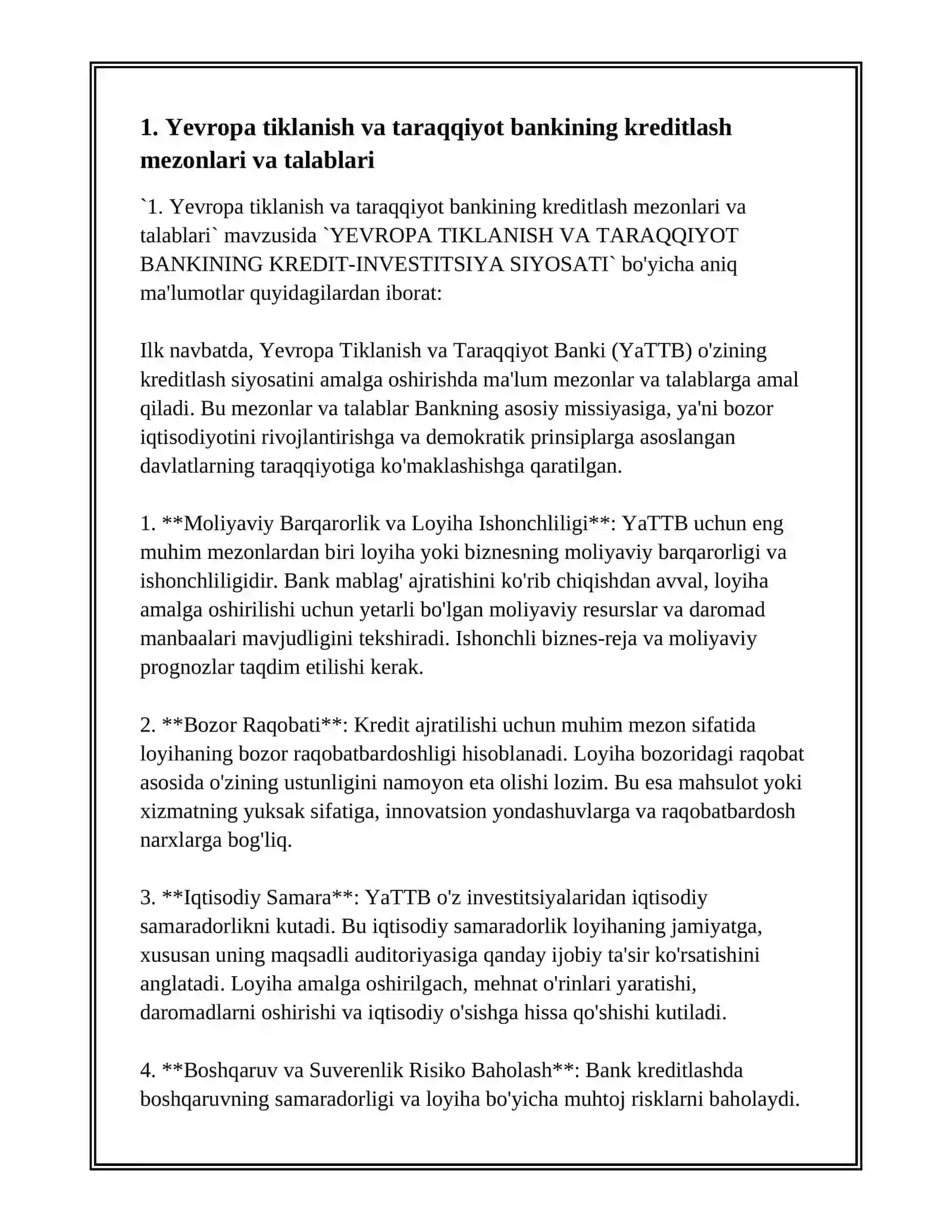 Yevropa Tiklanish va Taraqqiyot Bankining Kredit-Investitsiya Siyosati 2