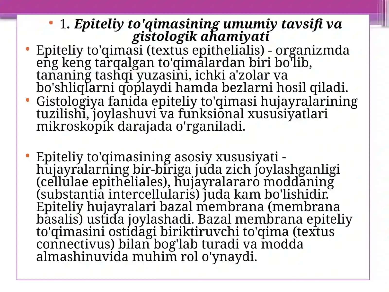 Gistalogiyafanidan Epiteliy To'qimasi va Bezli Epiteliy Bezlar 2