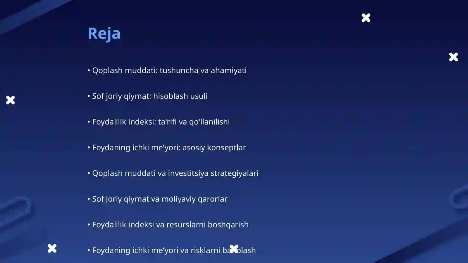 Qoplash muddati, sof joriy qiymat, foydalilikindeksi va foydaning ichki me'yori 2