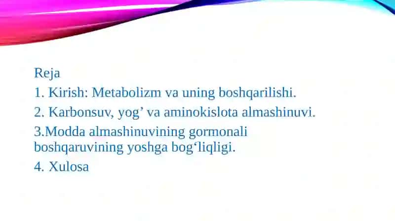 Karbonsuvlar, yog’lar va aminokislotalar almashinuvining gormonlar orqali boshqarilishi, uning yoshga bog’liqligi 2