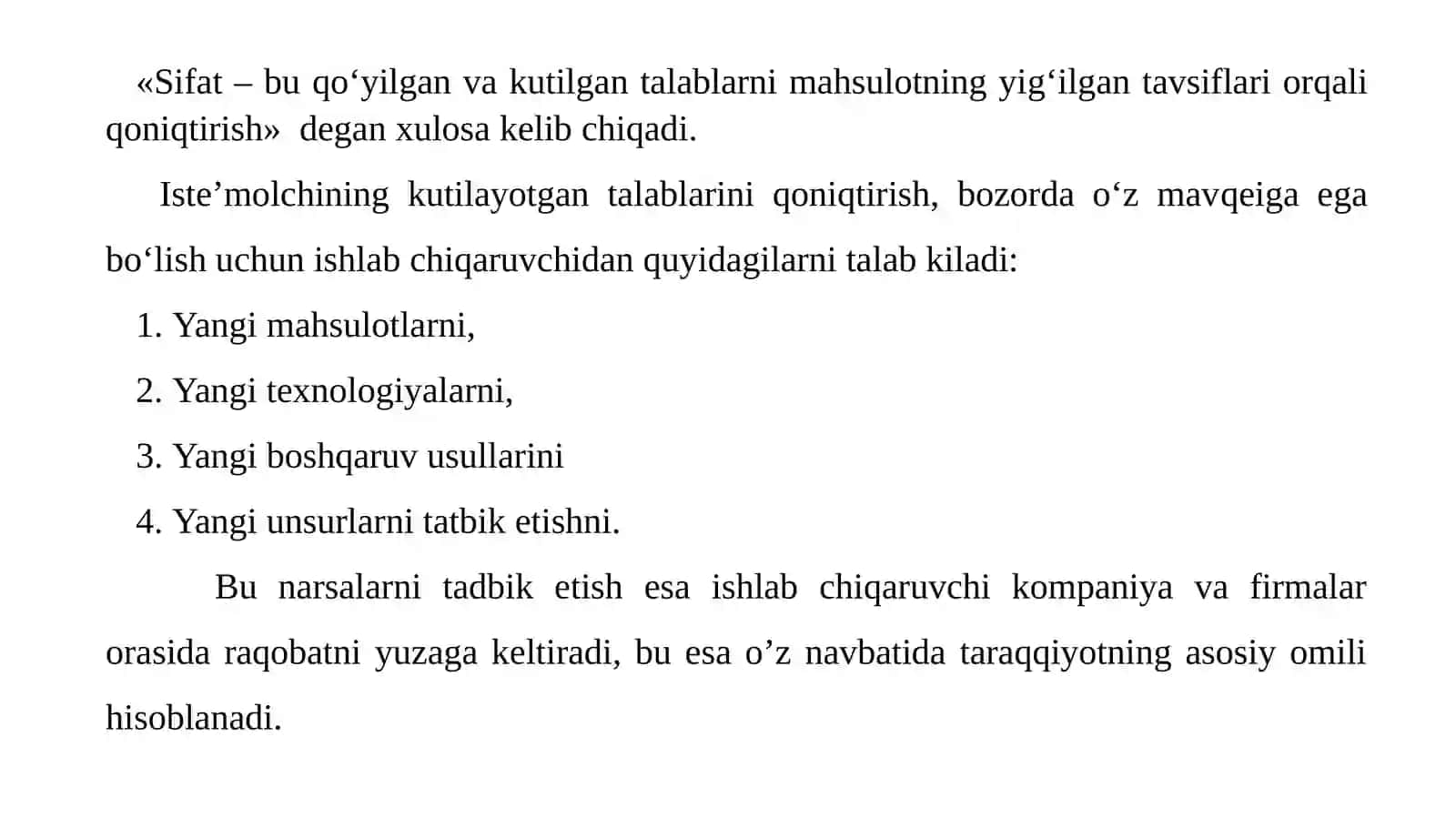 MAHSULOT VA XIZMATLAR SIFATI. SIFAT KO‘RSATKICHLARI 2