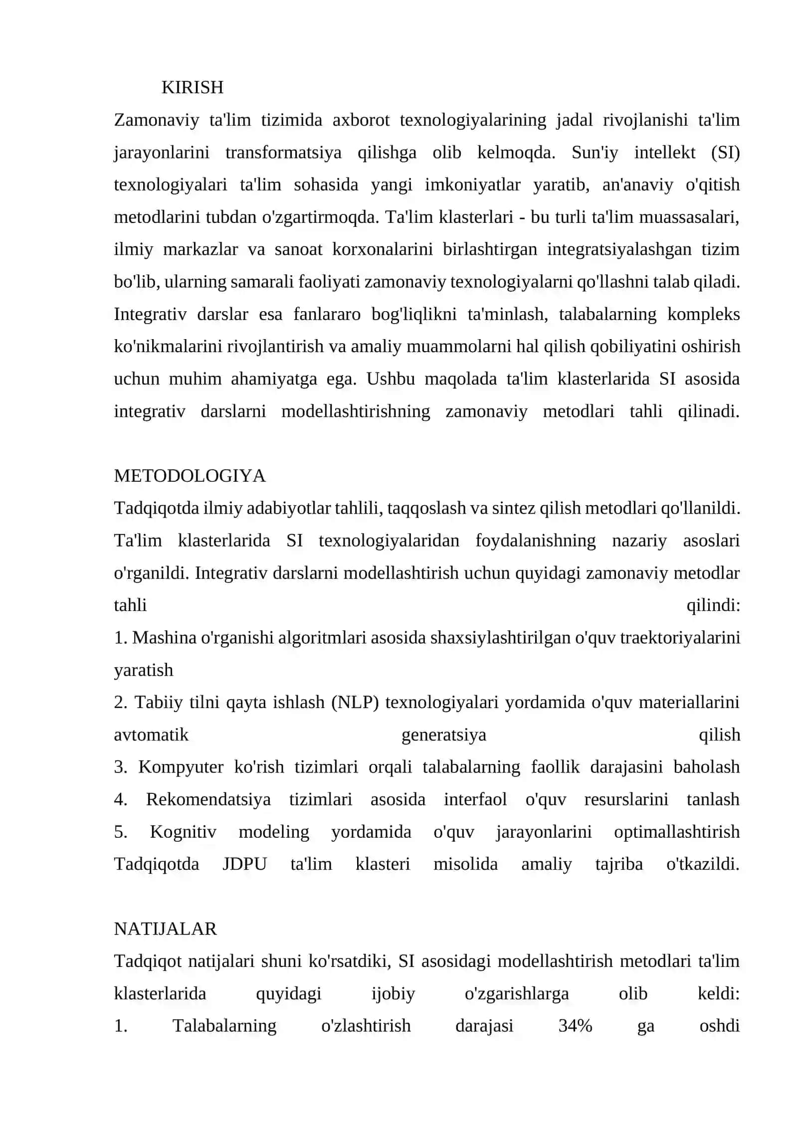 SUN'IY INTELLEKT ASOSIDA TA'LIM KLASTERLARIDA TALABALARNI INTEGRATIV DARSLARNI MODELLASHTIRISHNING ZAMONAVIY METODLARI 2