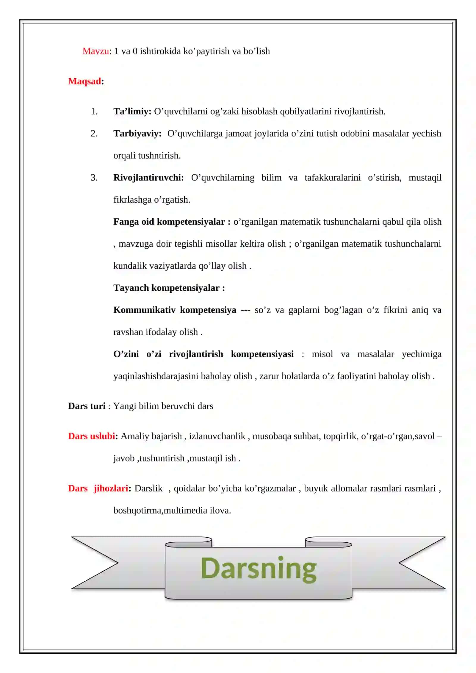 2-Sinf Matematika FANIDAN TAYYORLAGAN 1 SOATLIK DARS ISHLANMASI 2