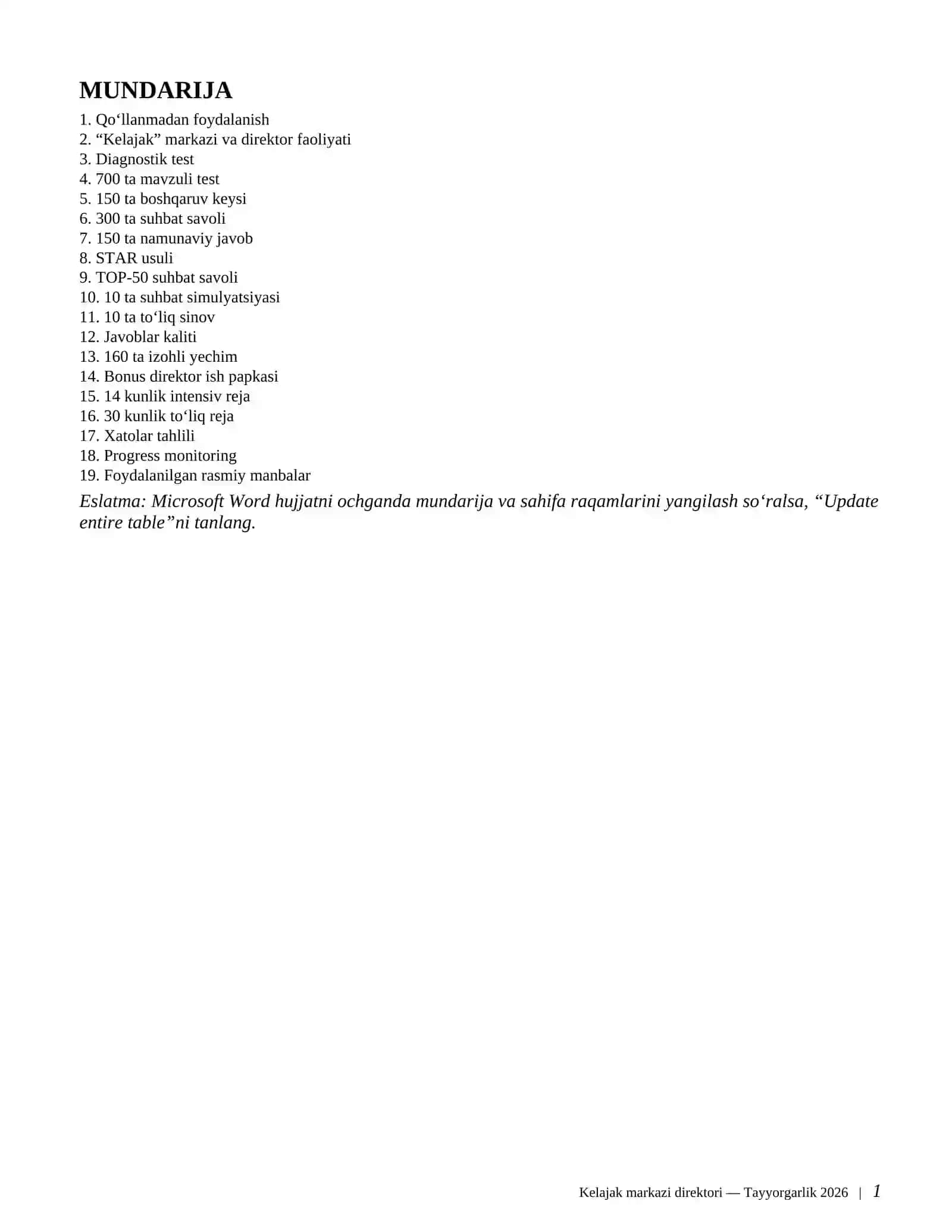 Kelajak markazi direktori 2026 | 700+ test + 300+ suhbat savoli + 150+ boshqaruv keysi | Javoblari b 2