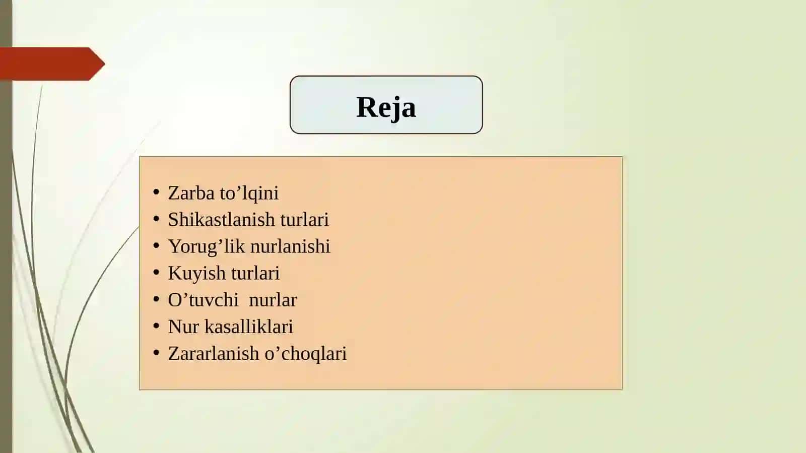To’lqin zarbi, yoruglik ajralishi, ionlantiruvchi nurlar va jabrlanish zonalar tavsifi. 2