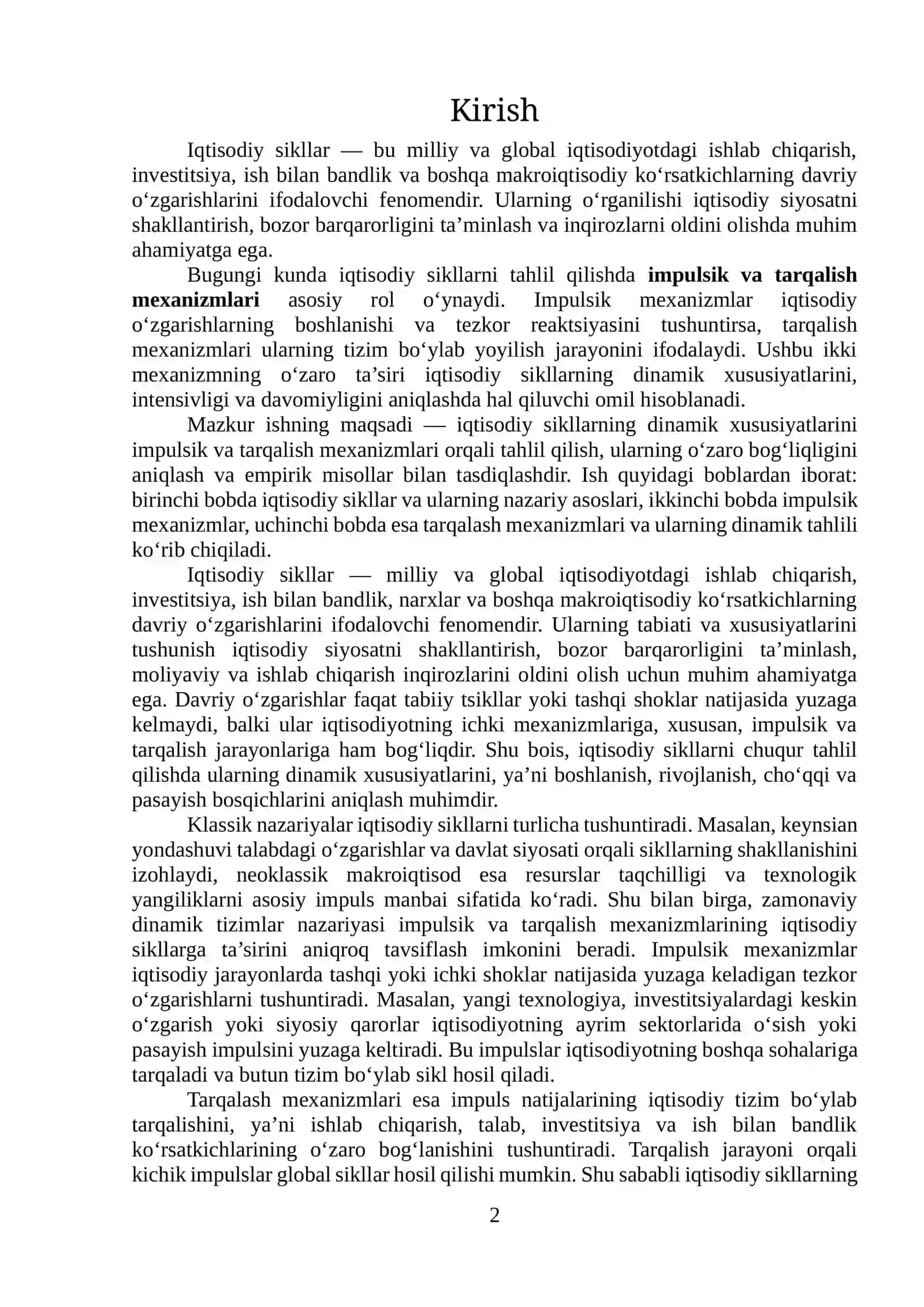 Iqtisodiy sikllarning dinamik tahlili impulsik va tarqalash mexanizmlari 2