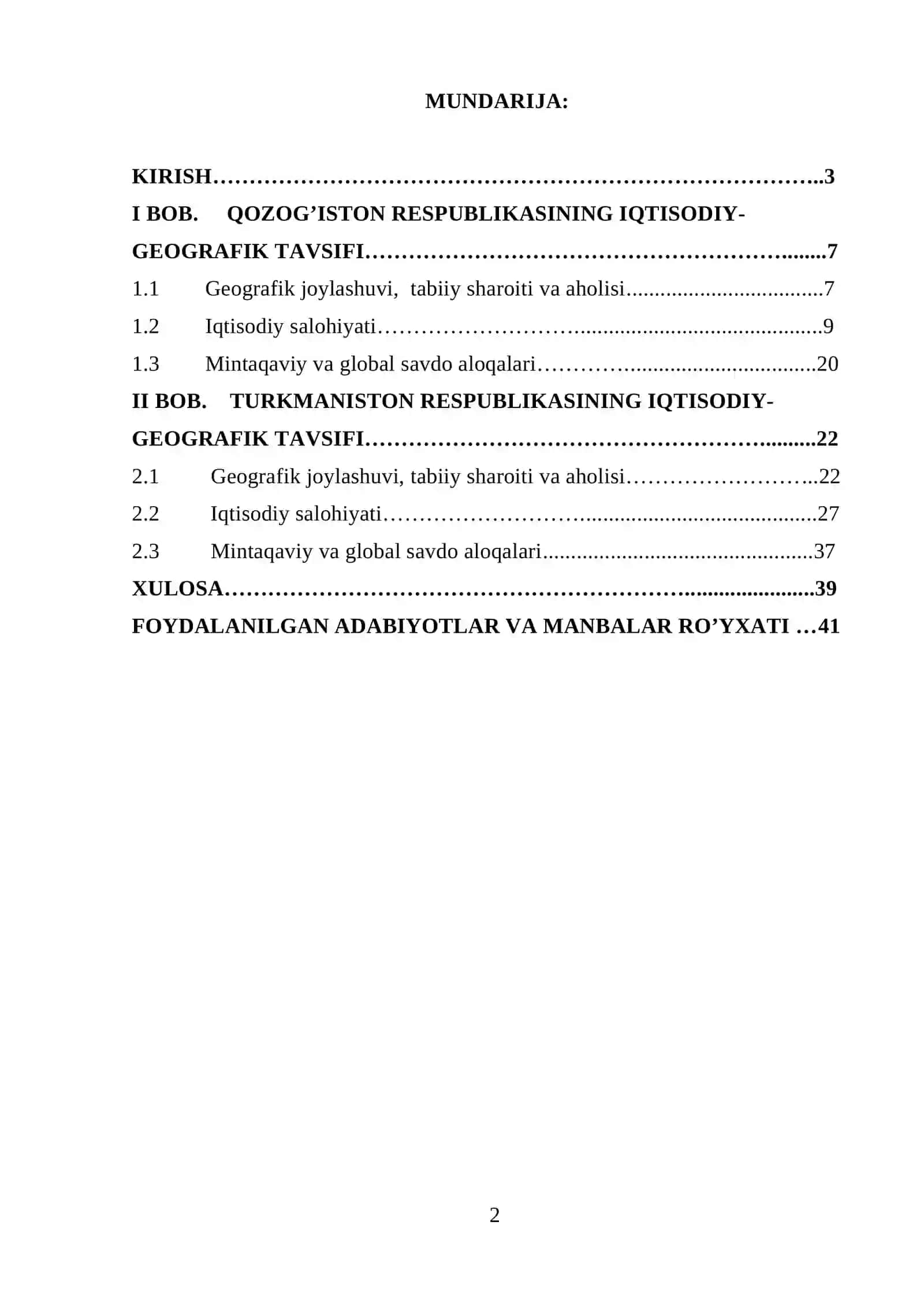 QOZOG’ISTON VA TURKMANISTON RESPUBLIKALARIGA IQTISODIY TAVSIF 2