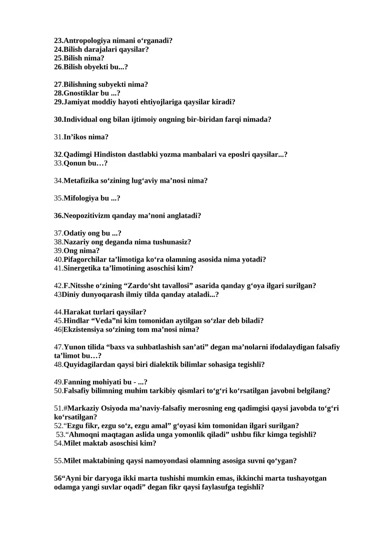 FALSAFA fanidan oraliq nazorat testlari 2