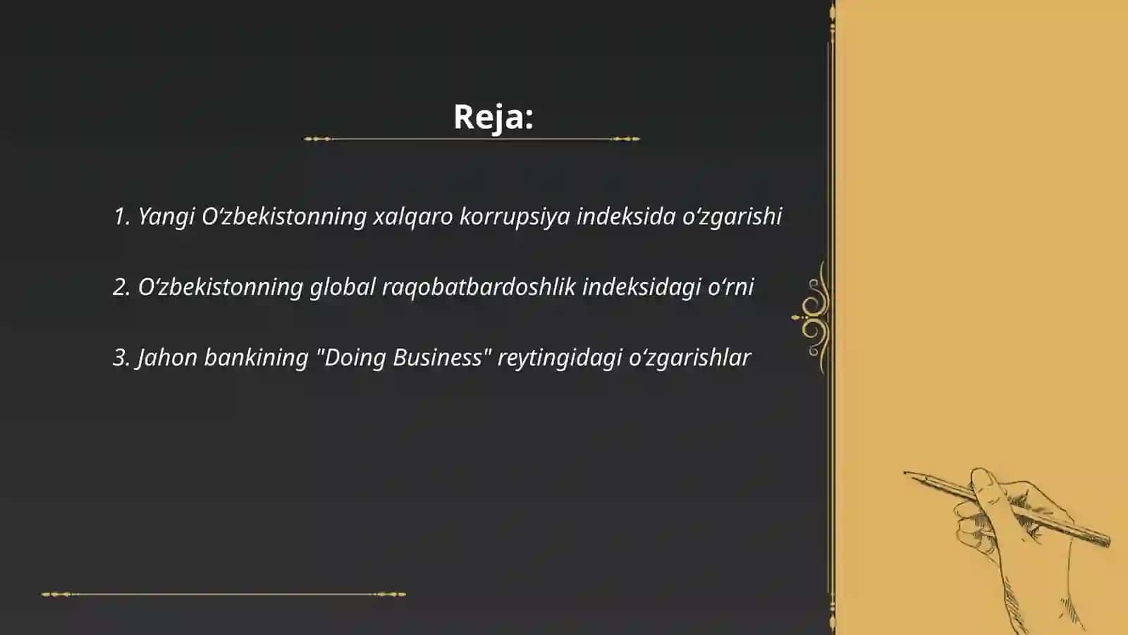 Yangi Oʻzbekiston ijtimoiy siyosiy, iqtisodiy va madaniy hayotida roʻy berayotgan oʻzgarishlarning xalqaro reyting va indekslarda aks etishi 2