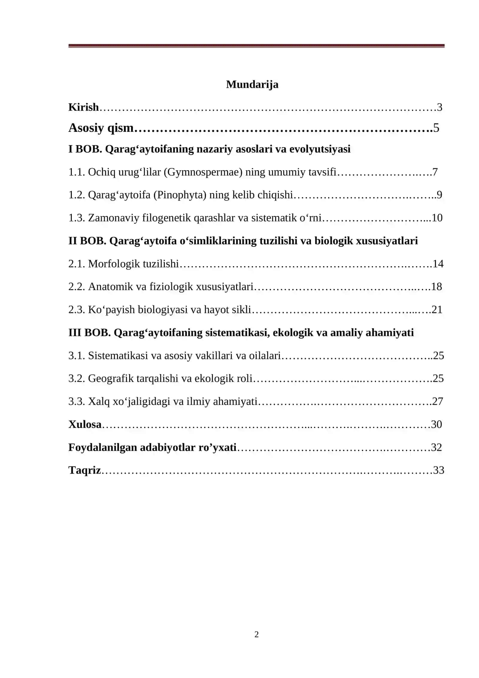 BIOLOGIYA KURS ISHI Qarag`aytoifa (ochiq urug`li) (pinophyta) 2026 YIL 2
